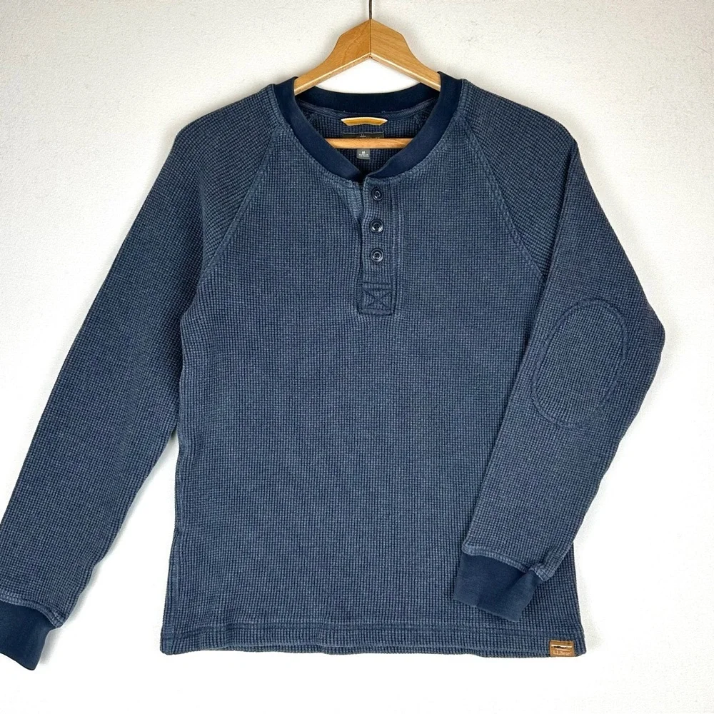 LL Bean Signature Waffle Henley Thermal Shirt Elbow Patch Gorpcore